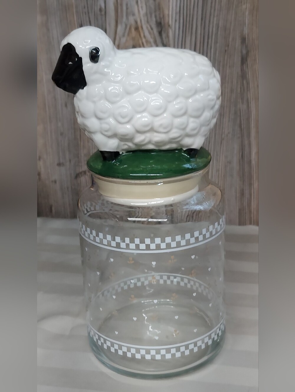 Vintage Glass Treat Jar with Ceramic Sheep Topper Lid- Cottagecore Farmhouse - Picture 2 of 7